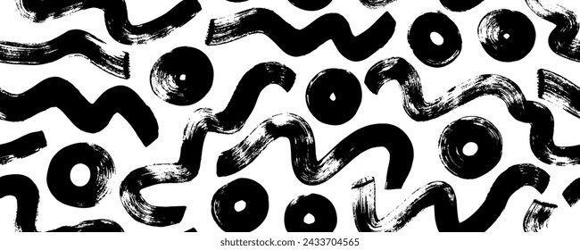 Seamless banner design with bold squiggles and circle. Hand drawn curved brush strokes, dots and organic shapes. Grunge curly smears, wavy strokes. Abstract modern geometric seamless pattern.