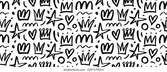 Seamless banner design with charcoal crowns, stars, hearts and circles. Hand drawn spray paint elements, crayon drawing. Vector childish or girly seamless pattern with playful motif.