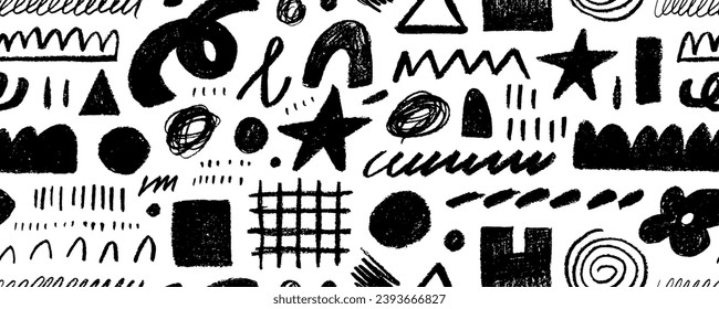 Seamless banner design with charcoal doodle shapes and rough pencil lines. Hand drawn various geometric shapes and doodle. Childish Memphis style seamless pattern with stars, squiggles and figures.