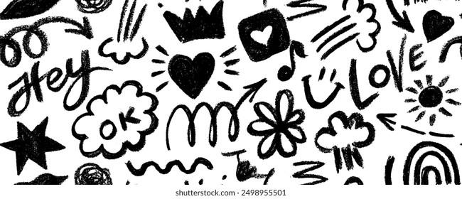 Seamless banner design with charcoal doodle shapes in childish drawing style. Hand drawn creative playful background. Simple childish doodle wallpaper print with stars, crown, speech bubble and heart