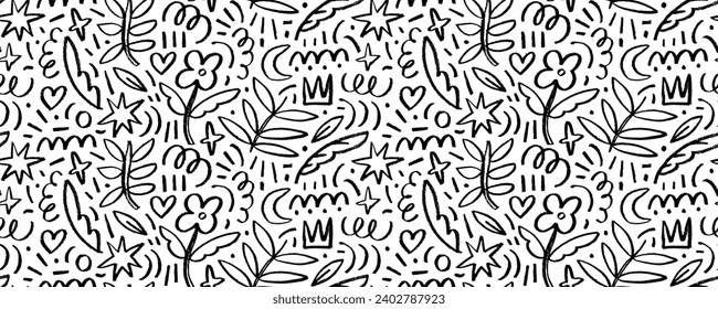 Seamless banner design with charcoal flowers, crowns, stars and speckles. Hand drawn childish doodle seamless pattern. Grunge squiggles, pencil lines. Creative abstract botanical motif.