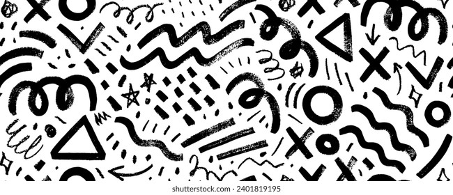 Seamless banner design with charcoal squiggles and bold brush strokes. Hand drawn dots, strokes and various geometric shapes in childish Memphis style. Abstract geometric playful texture.