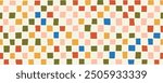 Seamless banner design with checked motif. Hand drawn retro geometric squares seamless pattern. Colorful square dots, particles, geometric mosaic background. Abstract halftone texture.