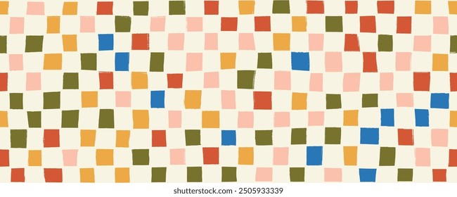 Seamless banner design with checked motif. Hand drawn retro geometric squares seamless pattern. Colorful square dots, particles, geometric mosaic background. Abstract halftone texture.