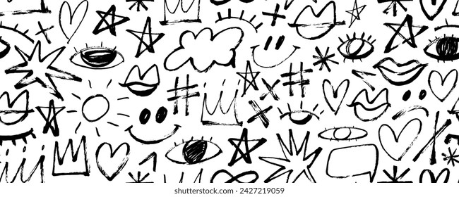 Seamless banner design in childish girly style with crowns, hearts, stars, eyes and others doodle elements. Brush drawn punk style doodle seamless pattern. Trendy graphic ornament.