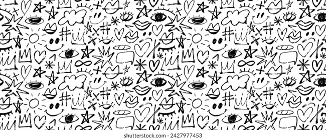 Seamless banner design in childish girly style with crowns, hearts, stars, eyes and others doodle elements. Brush drawn punk style doodle seamless pattern. Trendy graphic ornament.