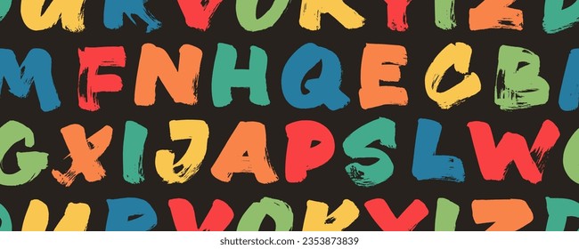 Seamless banner design with colorful bold brush drawn alphabet letters. Multi colored vector typography seamless pattern. Childish playful alphabet with various brush-drawn thick uppercase letters.