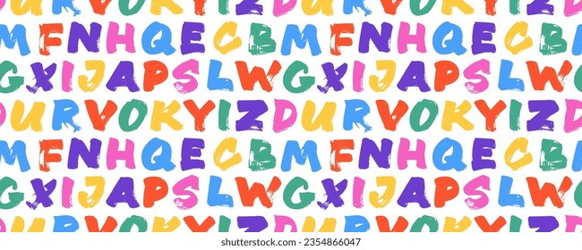 Seamless banner design with colorful bold brush drawn alphabet letters. Multi colored vector typography seamless pattern. Childish playful alphabet with various brush-drawn thick uppercase letters.