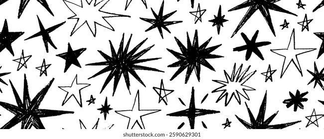 Seamless banner design with crayon drawn doodle stars. Hand drawn childish seamless pattern with cosmic sparks and sparkles. Funky star shapes background. Doodle childish pencil drawing.
