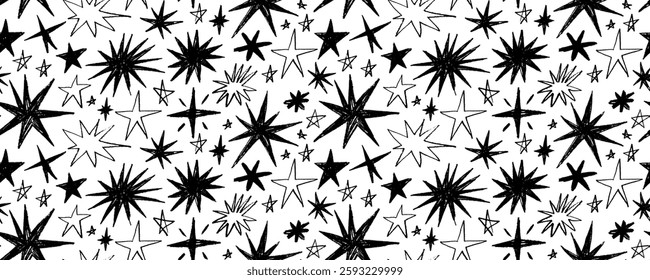 Seamless banner design with crayon drawn doodle stars. Hand drawn childish seamless pattern with cosmic sparks and sparkles. Funky star shapes background. Doodle childish pencil drawing.