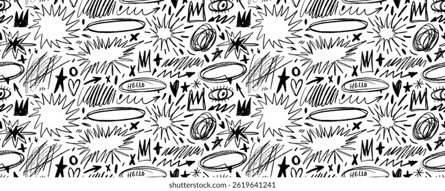 Design de banner perfeito com crayon desenhado estrelas de doodle, balões de fala e formas confusas. Padrão de vetor de tinta desenhado à mão sem emenda. Desenhos infantis a lápis, estilo cômico estourar bolhas de fala.
