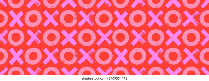 Seamless banner design with crosses and circles in bright pink colors. Brush drawn geometric seamless pattern. Grunge style background for Valentine's day or wedding template. Vector bold shapes.