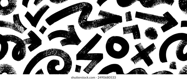 Seamless banner design with doodle bold arrows and swirls, geometric bold shapes. Brush drawn thick direction pointers in grunge doodle style. Abstract naive geometric seamless pattern.