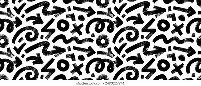Seamless banner design with doodle bold arrows and swirls, geometric bold shapes. Brush drawn thick direction pointers in grunge doodle style. Abstract naive geometric seamless pattern.