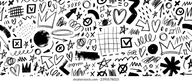 Seamless banner design with graffiti doodle punk and girly objects drawn with a brush and thin charcoal. Hand drawn seamless pattern background with scribbles, squiggles and rough mess.