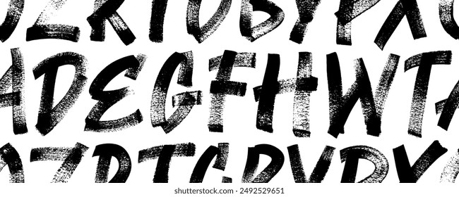 Seamless banner design with grunge brush drawn alphabet letters. Typographic distressed font with dry brush strokes. Graphic style seamless pattern with grunge capital bold letters.