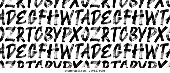 Seamless banner design with grunge brush drawn alphabet letters. Typographic distressed font with dry brush strokes. Graphic style seamless pattern with grunge capital bold letters.