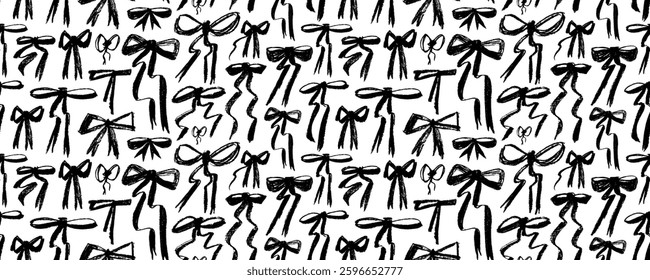Seamless banner design with grunge chalk bow knots and ribbons. Crayon drawn naive wrapping paper for birthday or holiday. Vector girly punk seamless pattern. Hand drawn ink illustration.