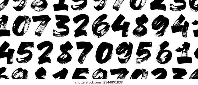 Seamless banner design with grunge numbers. Bold brush drawn vector digits monochrome pattern. Dirty textured numbers. Hand drawn thick digits in graffiti or grunge modern style.