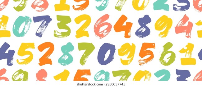 Seamless banner design with grunge numbers in bright colors. Bold brush drawn vector digits pattern. Dirty textured bright numbers for kid stuff. Hand drawn thick digits in graffiti or grunge style.