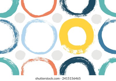 Seamless banner design with hand drawn kids style circles, dots. Pastel brush drawn bold circles with grunge texture. Colorful high quality distressed texture. Vector with naive style round shapes.