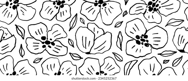 Seamless banner design with peonies or rose flowers. Hand drawn pencil contour line drawing. Oriental floral banner design. Seamless vector pattern with naive chamomiles and peonies.