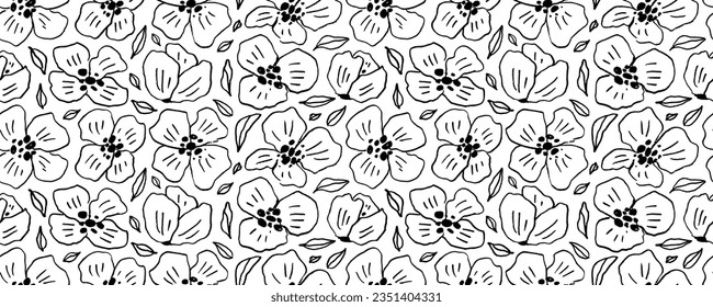 Seamless banner design with peonies or rose flowers. Hand drawn pencil contour line drawing. Oriental floral banner design. Seamless vector pattern with naive chamomiles and peonies.