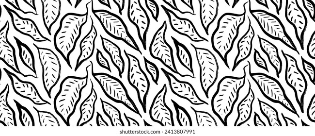 Diseño de banners impecables con hojas tropicales simples con venas pequeñas. Cepillarse hojas y ramas de grunge dibujadas. Plantas pintadas con pincel a mano. Siluetas de follaje vectorial. Papel de pared natural orgánico.