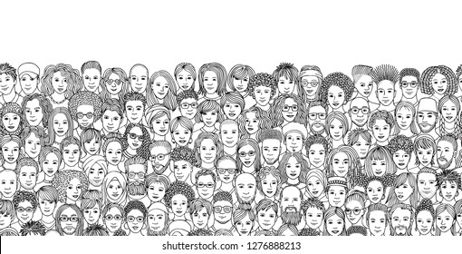 Seamless banner with a diverse crowd of people, hand drawn faces of various ethnicities, black and white illustration