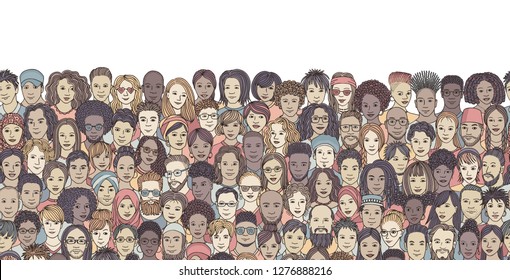 Seamless banner with a diverse crowd of people, hand drawn faces of various ethnicities