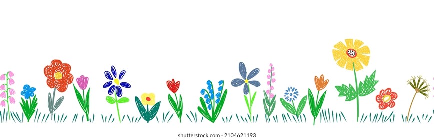 Seamless banner.  hand drawn drawing. Field, meadow, garden, different colorful flowers, grass. Drawing in a childish doodle style.