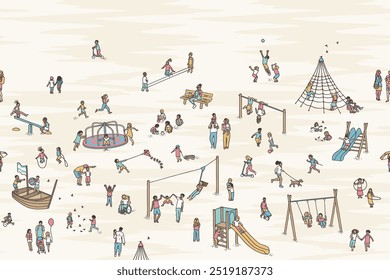Seamless banner with hand drawn tiny children playing, running and having fun at the playground