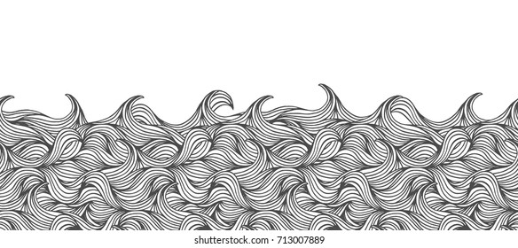 Seamless banner with hand drawn waves in black and white, can be tiled horizontally
