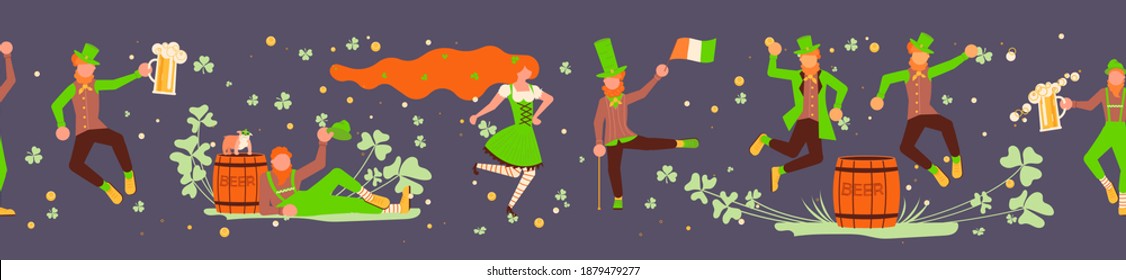 Seamless banner with jumping funny leprechauns vector illustration. Happy Saint Patricks day