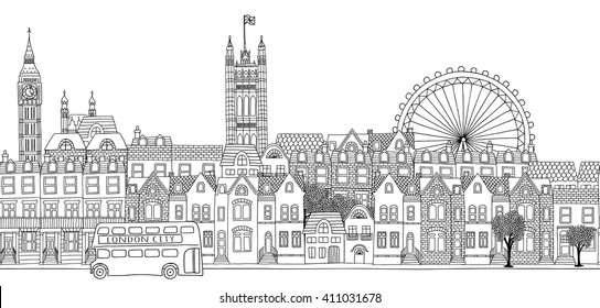 Seamless banner of London's skyline, hand drawn black and white illustration