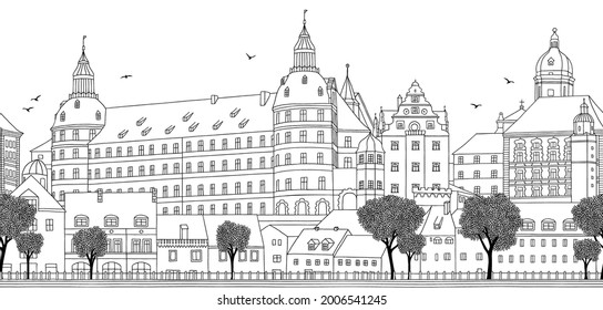 Seamless banner of a medieval town in Europe with castle and historical houses - hand drawn black and white illustration