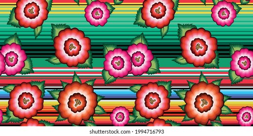 Banner sin foco Patrón de bordado floral mexicano, flores nativas de color étnico diseño de moda popular. Estilo textil tradicional bordado de México, vector aislado en fondo rayado