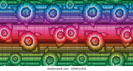 Seamless Banner Mexican floral embroidery pattern, ethnic colorful native flowers folk fashion design. Embroidered Traditional Textile Style of Mexico, vector isolated on striped gradient background