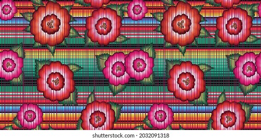 Seamless Banner Mexican floral embroidery pattern, ethnic colorful native flowers folk fashion design. Embroidered Traditional Textile Style of Mexico, vector isolated on striped background