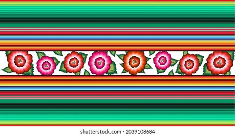 Seamless Banner Mexican floral embroidery pattern, ethnic colorful native flowers folk fashion design. Embroidered Traditional Textile Style of Mexico, vector isolated on striped background