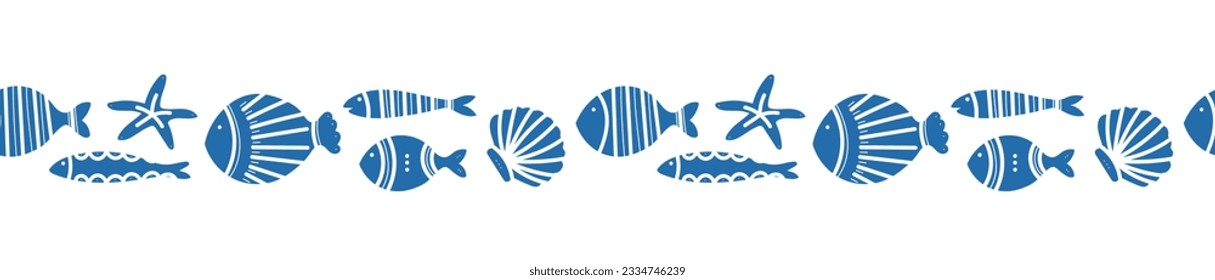 Seamless banner of ornamental fish.Tiling fish pattern border. Hand drawn marine illustrations of fish and sea elements. Summer sea beach style