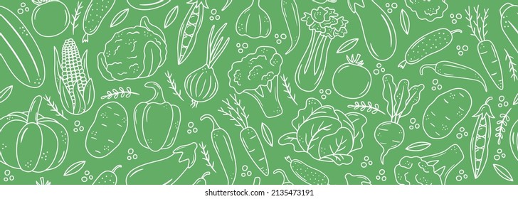 Seamless banner with outline vegetable icons. Background with hand drawn drawings of carrot, cabbage, broccoli, corn, pumpkin. Sketch food pattern. Doodle silhouettes of harvest elements