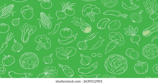 Seamless banner with outline vegetable icons. Background with hand drawn drawings of carrot, cabbage, broccoli, corn, pumpkin. Sketch food pattern. Doodle silhouettes 
