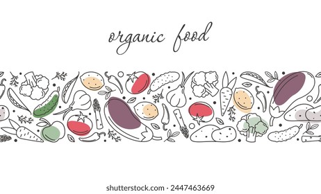 Anuncio sin fisuras con contorno vegetales y frutas estilo doodle