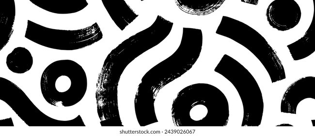 Seamless banner pattern with bold waves, curved lines and circles. Hand drawn children style geometric banner. Trendy design with basic organic shapes. Abstract freehand doodle kid seamless pattern.