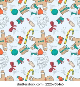 Patrón de banner sin foco para el diseño de Navidad y Año Nuevo al estilo de doodle, hombre de pan de jengibre entre los objetos festivos y copos de nieve