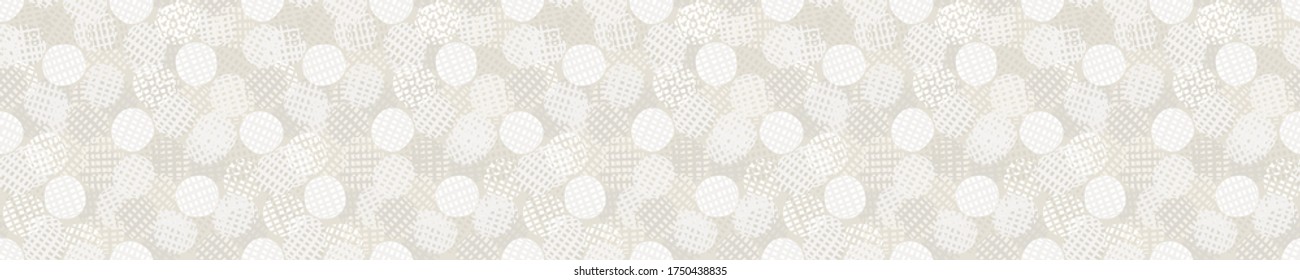 Seamless banner pattern. Neutral cream polka dot circle border background. Elegant minimal off white beige linen texture. Stylish dotty ribbon trim edge.