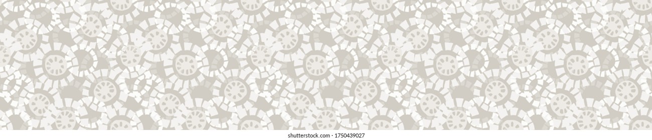 Seamless banner pattern. Neutral cream polka dot circle border background. Elegant minimal off white beige linen texture. Stylish dotty ribbon trim edge.
