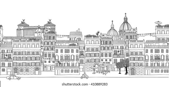 Seamless banner of Rome's skyline, hand drawn black and white illustration