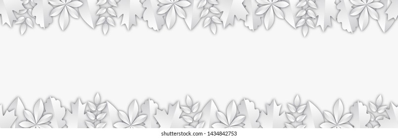 Seamless banner with silver autumn leaves in paper cut style. Realistic vector illustration with shadows and clipping path. All elements are easy to edit.